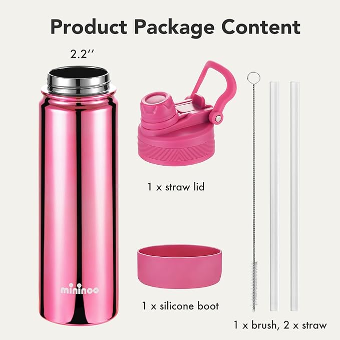 mininoo 24 oz Insulated Water Bottle with 2-in-1 Straw & Spout Lid, BPA-Free & Leak-Proof, Stainless Steel Water Bottle for Sports, Travel, and School, Rose Pink