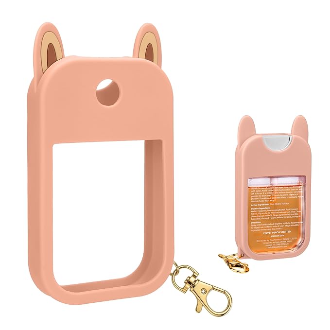 AIERSA Hand Sanitizer Spray Case Compatible with Touchland,Rabbit Ears Design Silicone Hand Sanitizer Case Holder with Keychain for Touch Land Mist Case 1FL. OZ (Blush Beige)