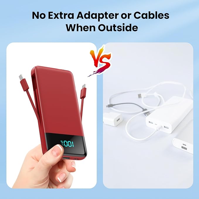 Portable Charger for iPhone with Built in Cables and Wall Plug,Upgraded 13800mAh Fast Charging USB C Power Bank,4 Outputs Travel Essential Battery Pack Compatible with iPhone 15/14/13/12,Galaxy-Red