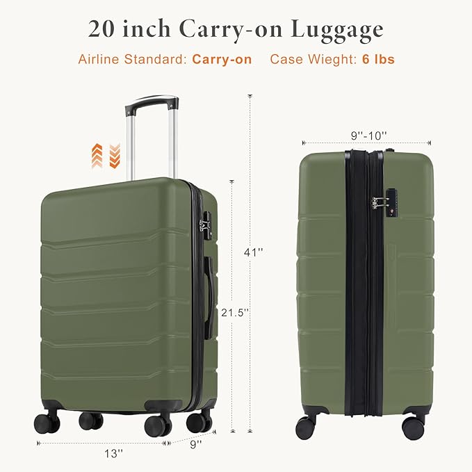 Sweetcrispy Carry on Luggage, Hard Shell ABS Suitcase with Double Spinner Wheels, Lightweight Expandable Rolling Suit Case with TSA Lock, 20 Inch Green