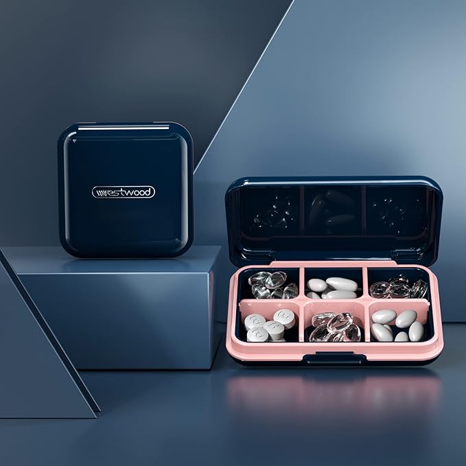 DUBSTAR Small Pill Box for Purse, Moisture Waterproof Travel Pill Case with 4+6 Compartments, Daily Pill Organizer for Vitamins & Medication (SL-Blue)