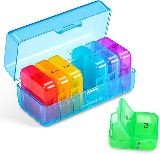 Zoksi Weekly Pill Organizer 2 Times a Day, Blue 7 Day Am Pm Pill Box, Daily Am Pm Pill Organizer 7 Day, Portable Vitamin Pill Case, Weekly Pill Box for Fish Oils, Vitamin, Supplement