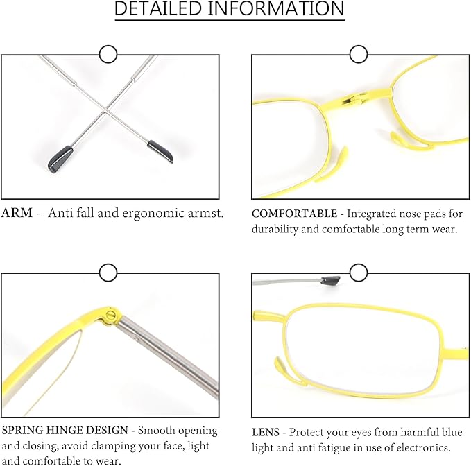 2 Pack Folding Reading Glasses Stainless Steel Mini Anti-Blue Light Blocking Reader for Men Women