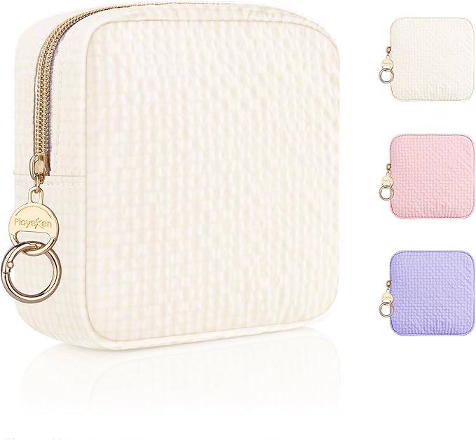 Plaid Period Bag, Small Period Pouches for Teen Girls, Quilted Sanitary Napkin Storage Bag, Compact Discreet Pad and Tampon Holder for Purse (Mini Plaid-Beige)