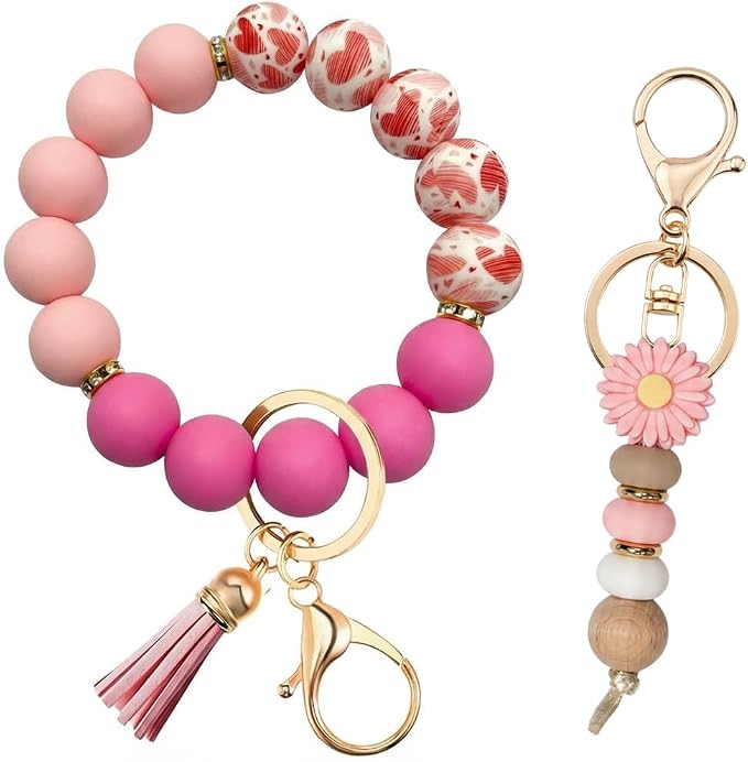2PCS Bracelet Key Ring Set, Cute Car Key chain Wristlet, Silicone Beaded Bangle keyChains for Women Girls