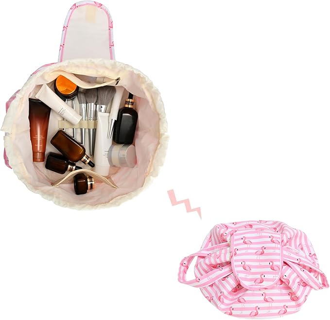 Large Barrel Drawstring Makeup Bag Travel Cosmetic Bag for Women - Portable Make Up Organizer Bag for Skin Care & Toiletries with Brush Holder & Pouch (Pink)