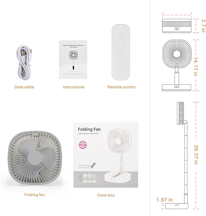 Magesh Portable Pedestal Fan - Foldaway Standing Fan Foldable Desk Fan, Use 7200Mah Rechargeable Battery, Remote Control Telescopic 4 Speed Quiet Timer Fan for Home Kitchen Outdoor Camping (Gray)