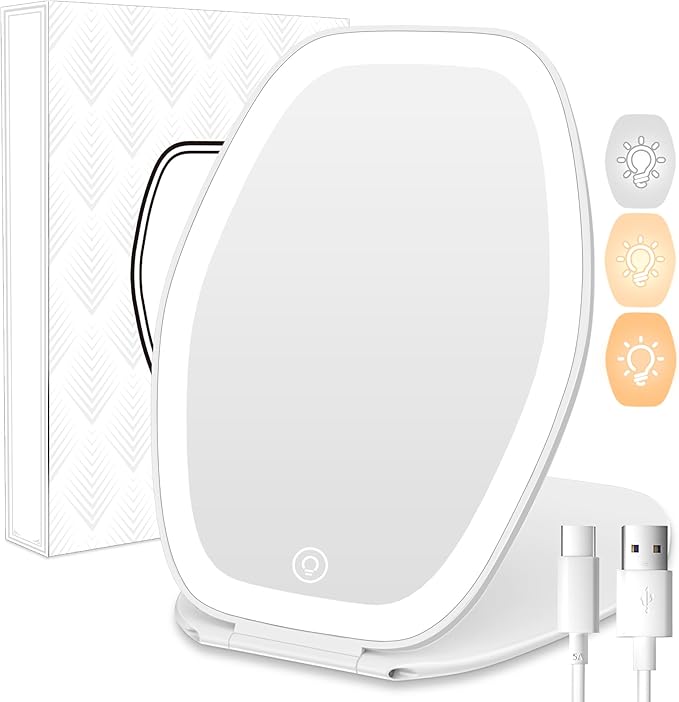 COSYGLOW Travel Makeup Mirror with Light: 3 Color Lighting Portable Mirror with Touch Screen Rechargeable Adjustable LED Lights Hexagon Vanity Mirror for Travel, Desk, Home(White)