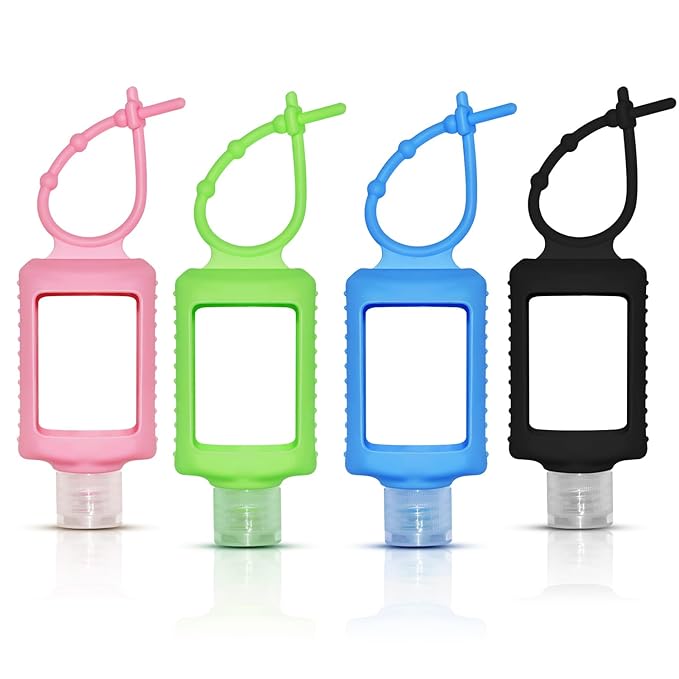 4 Pcs 2oz Travel Size Bottles Portable Hand Sanitizer Holder with Silicone Sleeve Squeezable Containers for Toiletries, Refillable Leak Proof Keychain Bottles Travel Accessories for Backpack