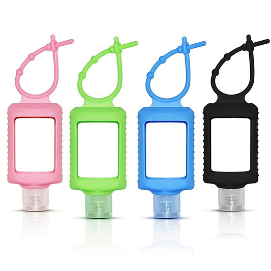4 Pcs 2oz Travel Size Bottles Portable Hand Sanitizer Holder with Silicone Sleeve Squeezable Containers for Toiletries, Refillable Leak Proof Keychain Bottles Travel Accessories for Backpack