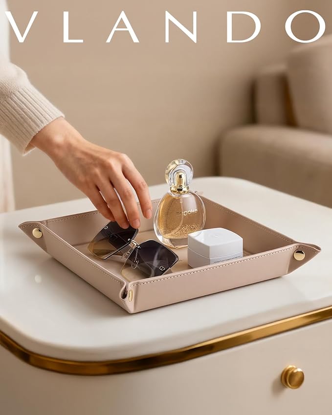 VLANDO Valet Tray Organizer, PU Leather Catchall Tray for Office | Warm PU leather desk tray for office, entryway and nightstand storage, keeping keys, phone, wallet and coins tidy