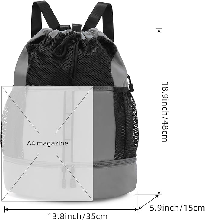 Valleycomfy Drawstring Gym Bag Sports Backpack With Shoe Compartment and Reflective Strips Grey