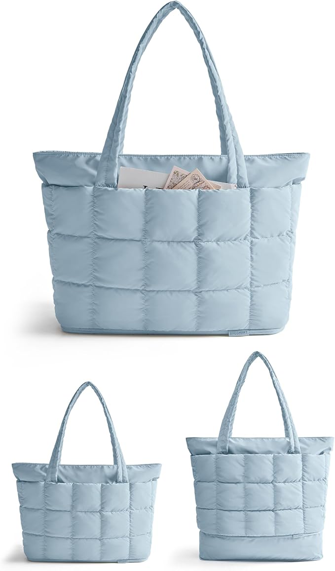 BAGSMART Expandable Tote Bag for Women, Puffer Work Tote Handbag, Quilted Carry On Bag for Travel Gym