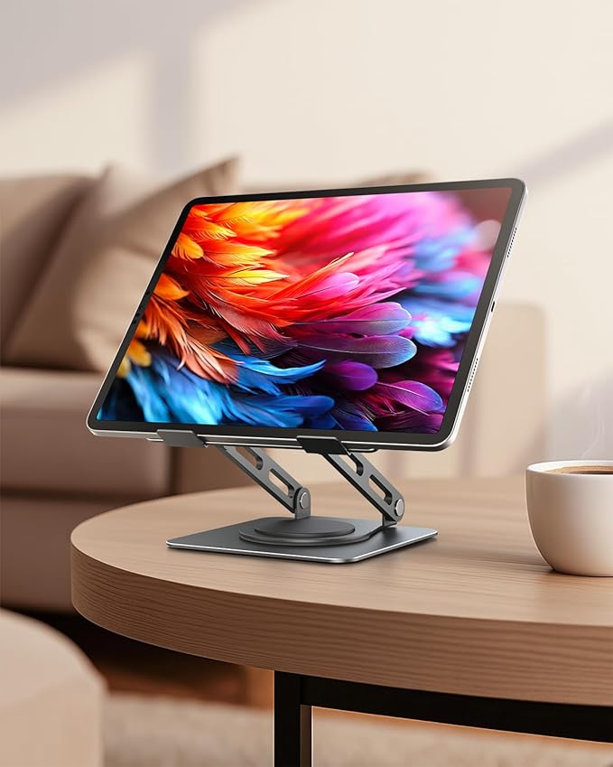 LOXP Metal Tablet Stand, 360 Rotating iPad Stand with Heavy-Duty Base, Tablet Holder Compatible with 4.0-16.9" Device, iPad Pro Air Mini, Kindle, Surface Tablet, Portable Monitors - Gray