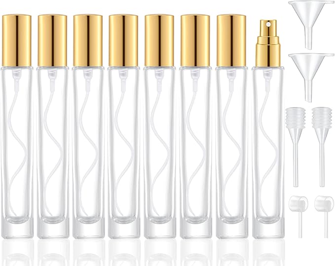 10ml Glass Spray Bottle, Thick Glass Atomizer, Perfume Decanter Kit, Small Travel Perfume Atomizer Bottle Refillable (8PCS, Gold)