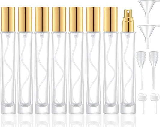 10ml Glass Spray Bottle, Thick Glass Atomizer, Perfume Decanter Kit, Small Travel Perfume Atomizer Bottle Refillable (8PCS, Gold)