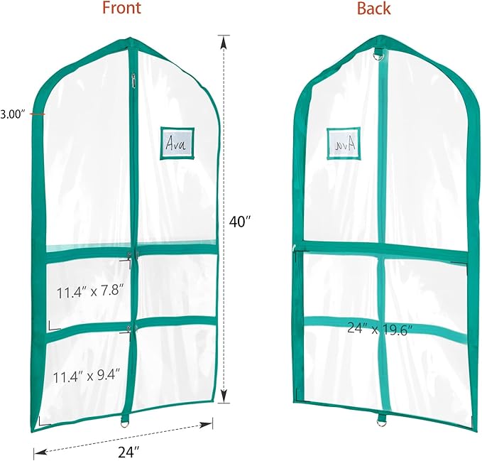 Univivi Clear Blue-Green PVC Dance Costume Bags Garment Bag 40 Inch for Dance Competitions, with 4 Medium Clear Zipper Pockets and 1 Large Back Zippered Pocket [Upgraded Version] (40'' x 24'' 6 Pack)