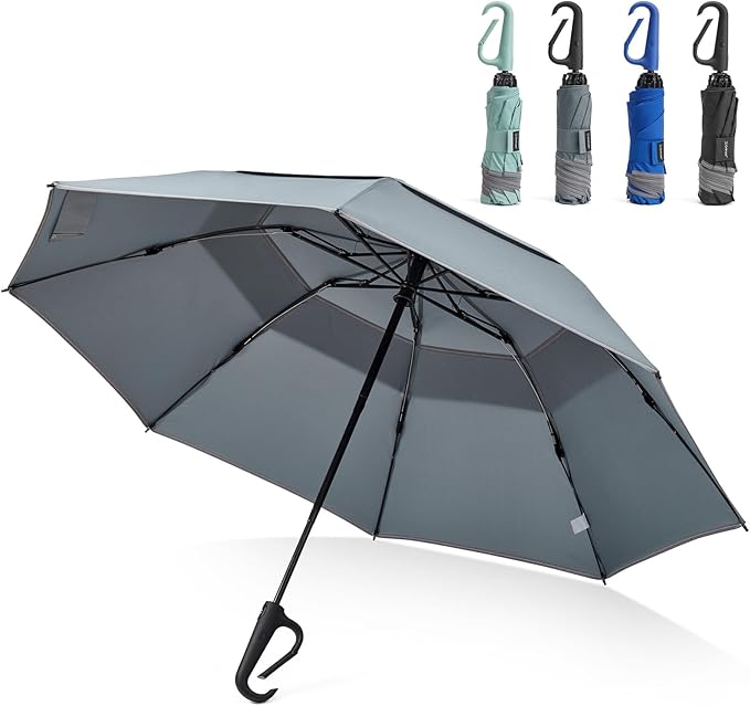 G4Free 46inch Ring Buckle Umbrella, Inverted Design with Carabiner Handle, Compact Travel Umbrella with Reflective Strip, Automatic Windproof for Rain