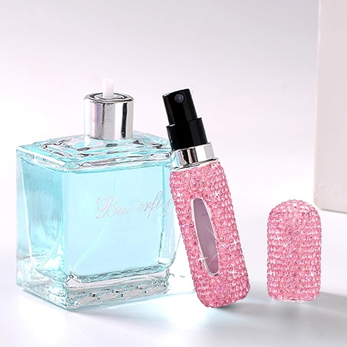 Perfume Spray Bottle 5ML 2PCS White&Pink Bling Rhinestone Empty Portable Travel Fine Mist Refillable Mini Spray Dispensers for Perfume, Essential Oil