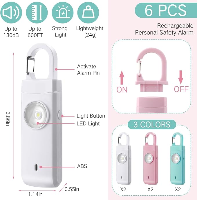 Tellegloww 6 Pcs Rechargeable Personal Safety Alarm for Women, 130db Personal Alarm Protection Keychains Loud Siren with LED Self Defense Keychain for Senior Mom Gift(White,Pink,Blue,Snap)