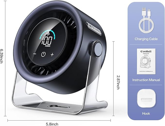 USB Desk Fan for Bedroom: 100 Speeds Digital Display Quiet Portable Fan with Turbo Airflow, 120° Rotating Small Rechargeable Battery Desktop & Wall-Mounted Fans for Bedroom Home Office (Black)