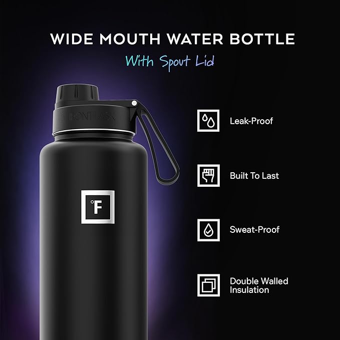 IRON °FLASK Camping & Hiking Hydration Flask with Spout, Wide Mouth Insulated Stainless Steel Sports Water Bottle - Black Marquina 40 oz - Spout (1 Lid)