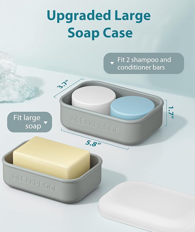 Quatish Large Leakproof Travel Soap Case, Solid Shampoo Bar Holder, Silicone Soap Box with Draining Layer, Enhanced Soap Container, Suitable for Camping, Gym, Bathroom, Outdoor Essentials, Grey
