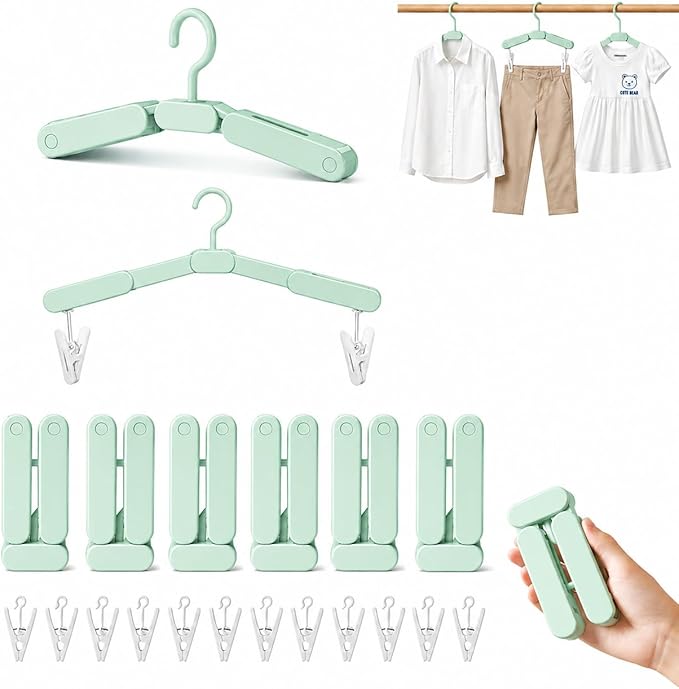 6 Pack Foldable Travel Hangers Portable Collapsible Hangers with 12 Clips for Travel, Cruise, Hotel, Camping, Dorm, Space Saving Clothes Hangers for Small Spaces, (Light Green)