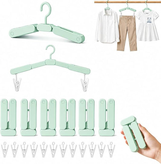 6 Pack Foldable Travel Hangers Portable Collapsible Hangers with 12 Clips for Travel, Cruise, Hotel, Camping, Dorm, Space Saving Clothes Hangers for Small Spaces, (Light Green)