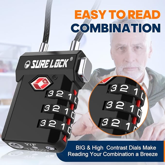 SURE LOCK TSA Approved Luggage Locks with Open Alert Indicator, 3 Digit Combination Cable Travel Lock for Suitcase, Backpack, Gym Locker, Toolbox, Carry On & Travel Bag