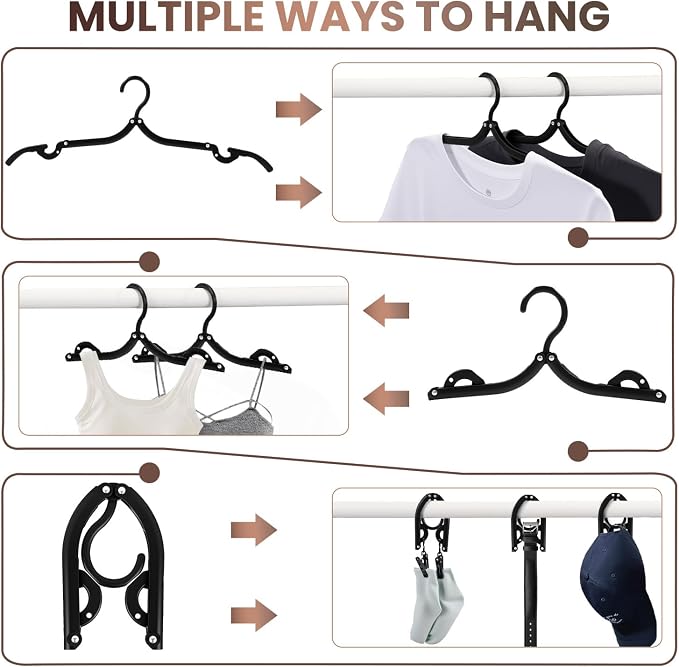 20 Pack Foldable Travel Hangers with 12 Clips - 2026 Cruise Essentials, Portable Collapsible Plastic Hangers-Travel Must Haves for Suitcase, Hotel, RV, Road Trip, Flying, Camping | Black