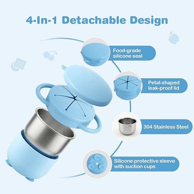 Daximo 2 Pack Toddler Snack Cups with Suction Base — 4-in-1 Detachable Stainless Steel Cups, Snack Cups for Toddlers Spill Proof with Silicone Lids & Handles for Mess-Free Snacking