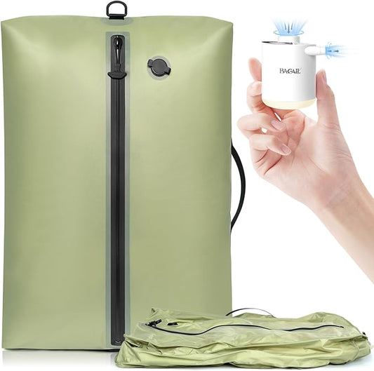 BAGAIL TPU Vacuum Bag for Travel, Reusable Compression Bag with IPX8 Waterproof Zipper, Save Space for Suitcase, Backpack and Carry on (Olive Green, Large, With Pump)