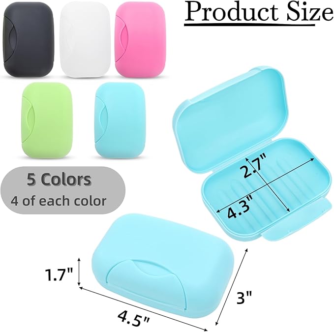 AVLA 20 Pack Travel Soap Case, Small Plastic Bar Soap Box Holder, Portable Soaps Dish with Lid, Compact Soaps Savers Container for Shower, Bathroom, Camping, Gym, Trip, 5 Assorted Colors