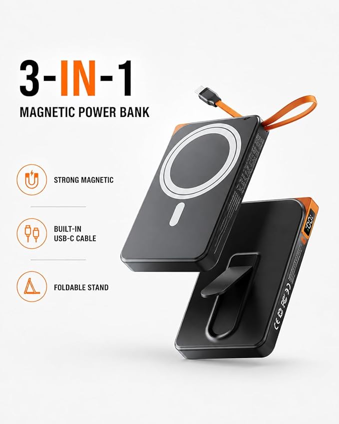 for Magsafe Power Bank Fast Charging, USB C Magnetic Portable Charger Built in Cable, 10000mAh Wireless Battery Pack for iPhone17/16/15/14/13/12 Series, Travel & Daily Use Essentials Powerbank
