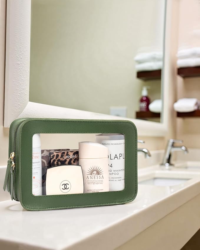 LETGO Clear Makeup Bags, TSA Approved Toiletry Bag with Zipper, Travel Makeup Organizer Fit Carry-on Travel Essentials,Small Cosmetic Bags Pouch for Women Men (Clear-Vintage Green)