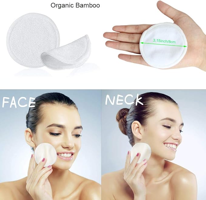 Pinowu Reusable Makeup Remover Pads (16pcs Pads + Carry Bag + Wash Bag), Washable Eco-Friendly Cotton Rounds Face Wipe for All Skin Types