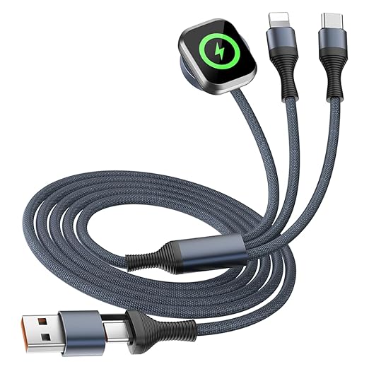 3 in 2 Multi Charging Cable for iWatch Charger/IP/USB C, Travel Cruise Essentials for Car Charger,4FT Nylon Charging Cords USB C/A Phone Charger for iWatch Series/iPhone 17-11/iPad,Home/Office/Car Use