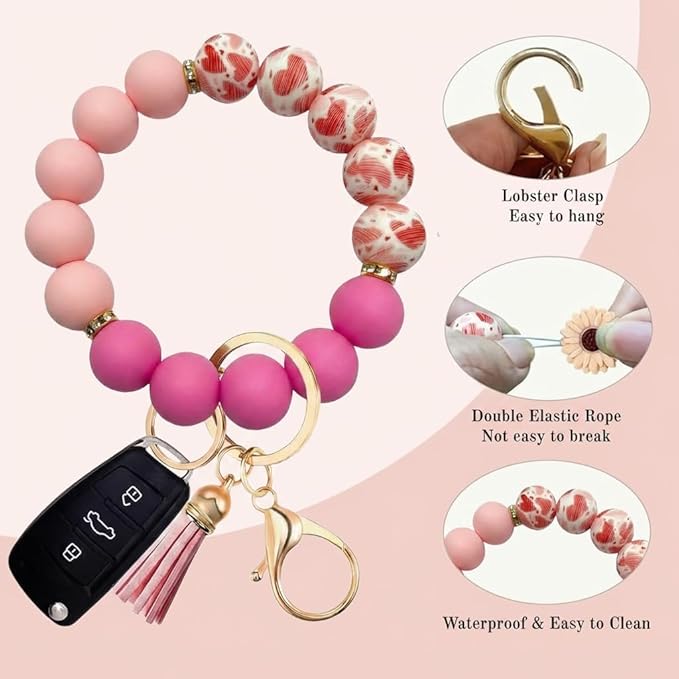 2PCS Bracelet Key Ring Set, Cute Car Key chain Wristlet, Silicone Beaded Bangle keyChains for Women Girls