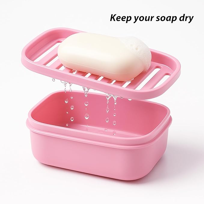 3 Pack Travel Soap Case with Lid, Leakproof Travel Soap Container, Portable Soap Holder with Removable Drain Tray for Home, Bathroom, Hiking, Camping, Outdoor (Blue, Pink, Green-n)