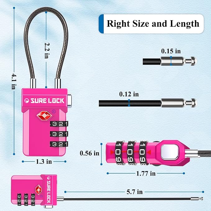 SURE LOCK TSA Approved Luggage Locks with Open Alert Indicator, 3 Digit Combination Cable Travel Lock for Suitcase, Backpack, Gym Locker, Toolbox, Carry On & Travel Bag