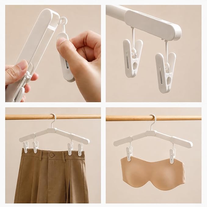 6 Pack Foldable Travel Hangers with 12 Clips, Portable Collapsible Hangers for Travel, Cruise, Hotel, Camping, Dorm, Space Saving Clothes Hangers for Small Spaces(White)