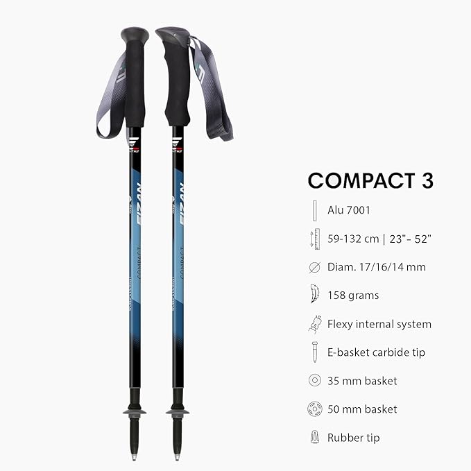 Fizan Compact 3 Trekking Poles – 5.6 oz Ultralight, Backpacking, Thru Hiking Poles, Adjustable, Collapsible, Customized Fit, EVA Grips, Aluminum Walking Sticks (Compact 3)