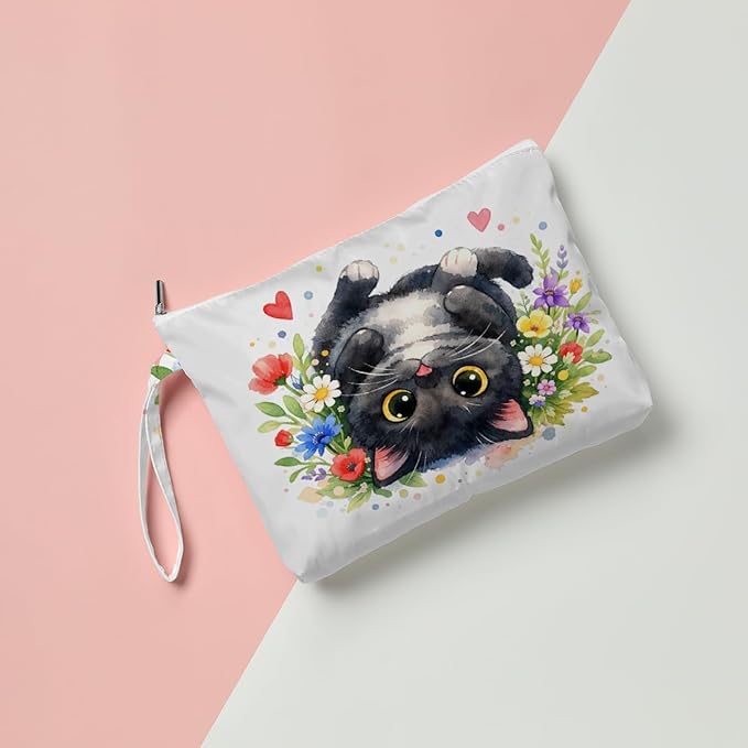 Fokongna Black Cat Print Wet Bag, Small Portable Waterproof Multi-Functional Organizer for Women,Multicolor Floral Heart Black Cat，Ideal for Daily, Beach & Travel