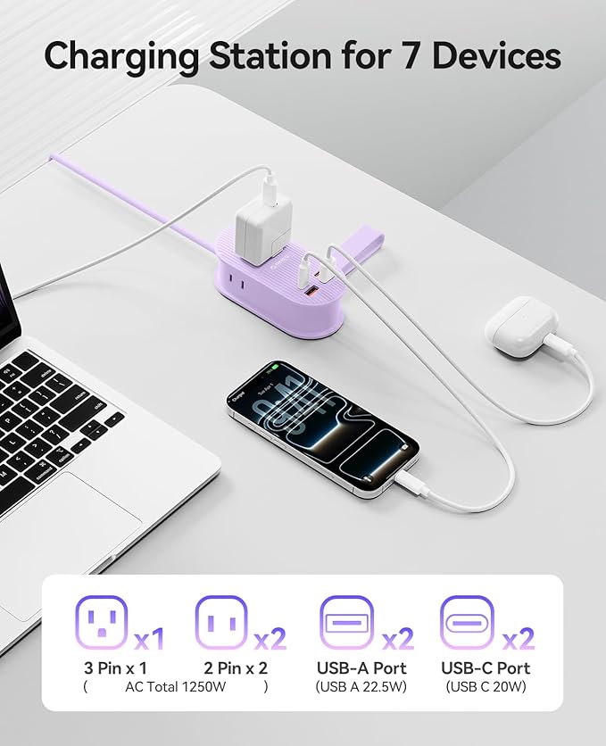 ORICO 22.5W Travel Power Strip, 7 in 1 Charging Station with 3AC, 2 USB-A, 2 USB-C, 4ft Extension Cord, Flat Plug Fashion Essential for Cruise Ship/Travel/Home/Office/Dorm -TK22