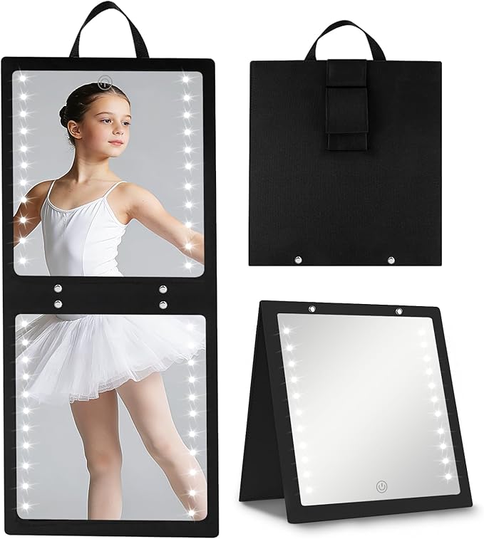 Fabuday Lighted Hanging Mirror for Dance Backstage - Rechargeable Folding LED Full Length Mirror with Lights for Dancers, Portable Foldable Travel Body Mirrors, Brightness Adjustable, Black