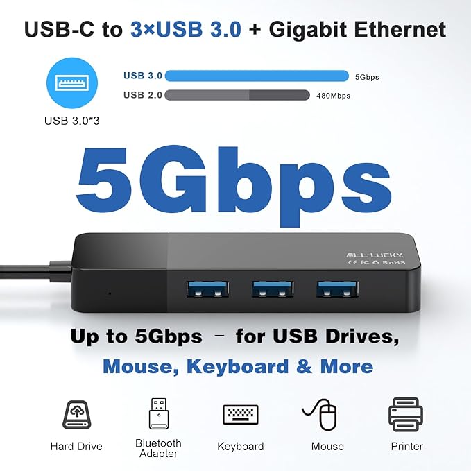 ALL-LUCKY USB to Ethernet Adapter, 4 in 1 USB C to Ethernet Adapter Hub with 3×USB 3.0 Ports, 1000Mbps Network HUB for MacBook, Dell XPS, Surface, HP Laptops (for USB-C Phones & iPad)