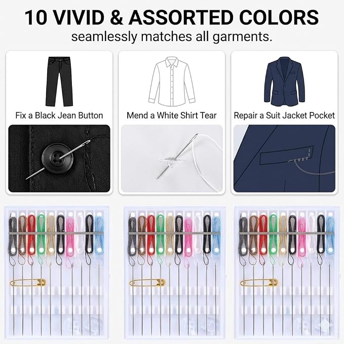 Mini Sewing Kit, 80 Pieces in 8 Compact Cases with Pre-Threaded Needles, Assorted Color Threads, Safety Pin, Shirt Buttons, Portable Travel Emergency Repair Kit for Home, Hotel, Business Trip