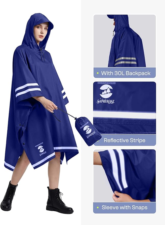 SaphiRose Hooded Rain Poncho Waterproof Raincoat Jacket for Men Women Adults