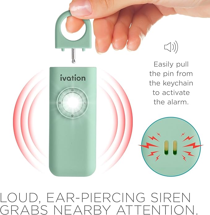 Ivation Personal Rechargeable SOS Alarm, Pocket Size Loud 130dB Sound Safety Siren & LED Panic Strobe Light with Carabiner Keychain Clip for Women, Children & Seniors, Green